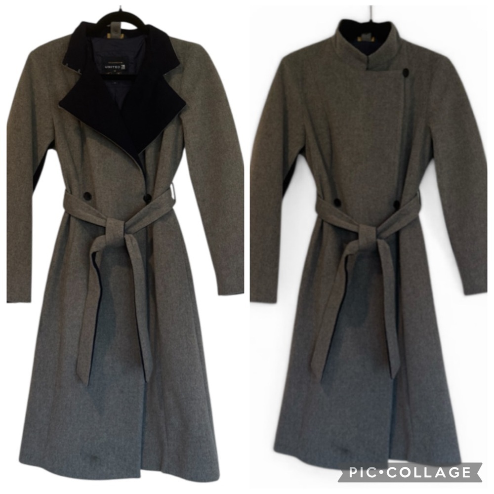 Brooks Brothers x United Belted Wool Trench Coat Funnel Neck Gray Navy Size XS